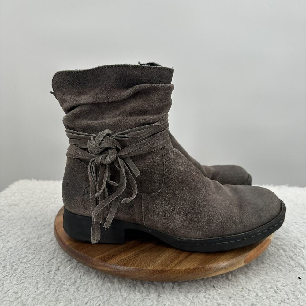 Born Cross Fringe Boots Womens 7.5 Gray Leather Slouchy Ankle Zip Casual Suede‎